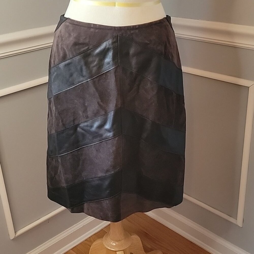 ALFANI Brown Leather Suede Chevron Patchwork Western Party Mini Pencil Skirt 8